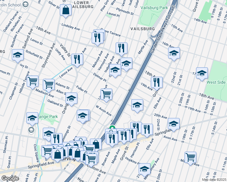 map of restaurants, bars, coffee shops, grocery stores, and more near 47 Delmar Place in Irvington