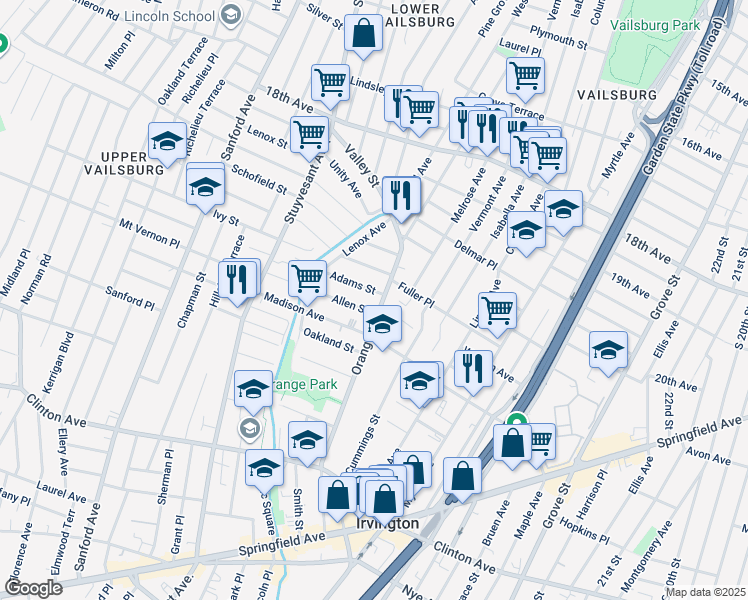 map of restaurants, bars, coffee shops, grocery stores, and more near 235 Orange Avenue in Irvington