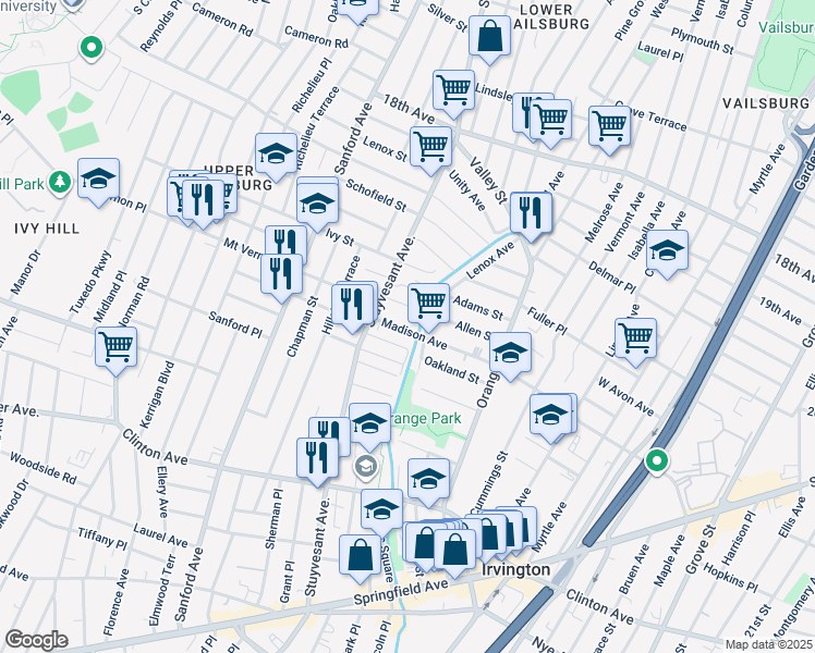 map of restaurants, bars, coffee shops, grocery stores, and more near 290 Madison Avenue in Irvington
