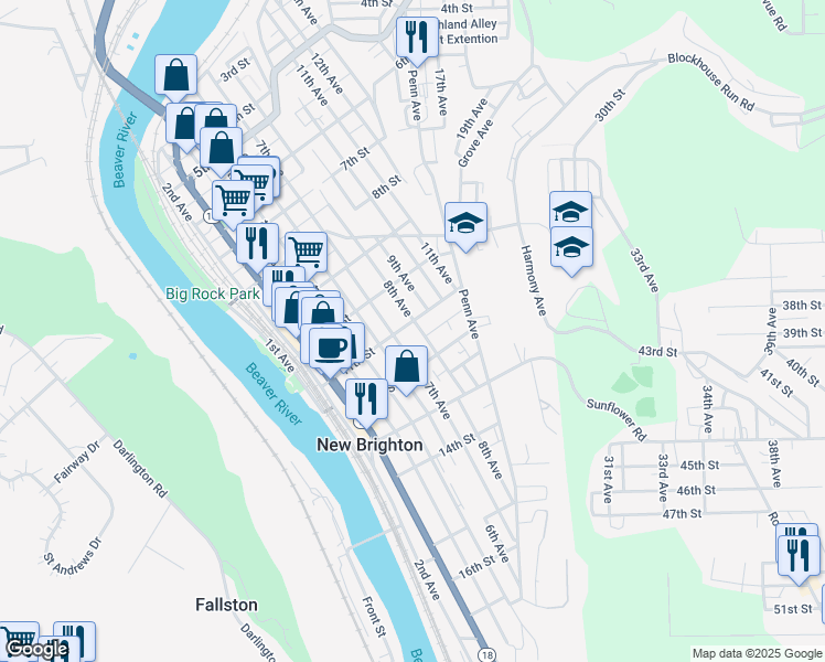 map of restaurants, bars, coffee shops, grocery stores, and more near 723 11th Street in New Brighton