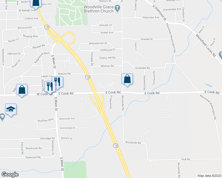 map of restaurants, bars, coffee shops, grocery stores, and more near Unnamed Road in Mansfield