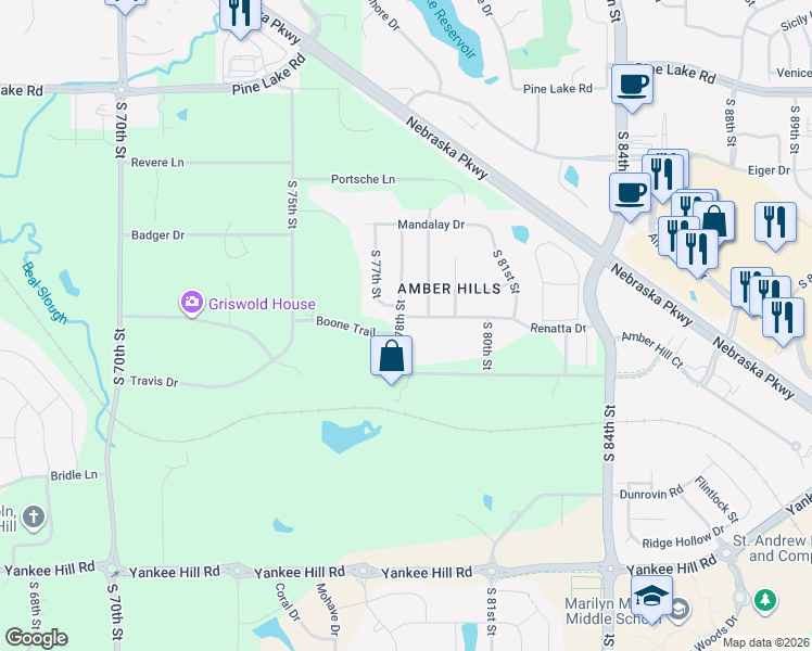 map of restaurants, bars, coffee shops, grocery stores, and more near 7801 Renatta Drive in Lincoln