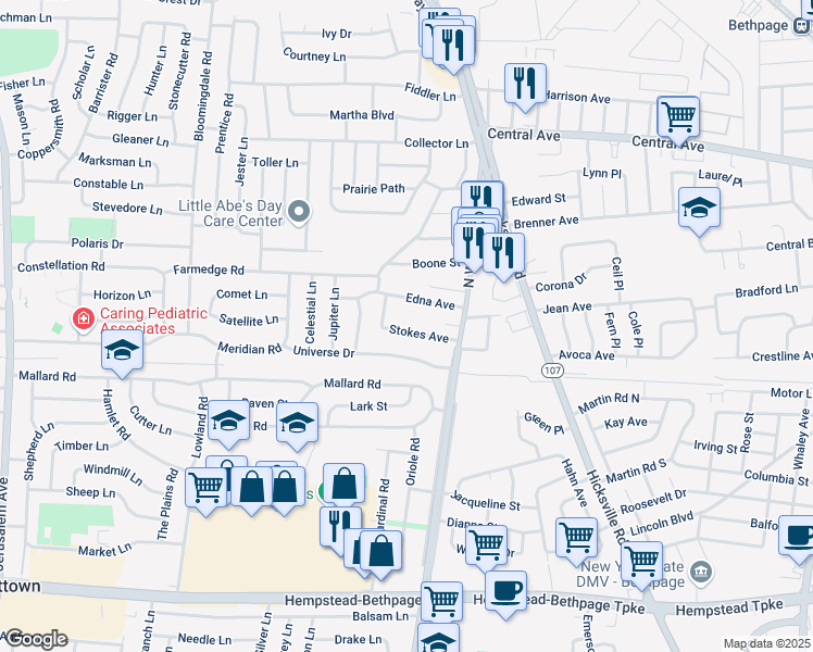 map of restaurants, bars, coffee shops, grocery stores, and more near 50 Stokes Avenue in Bethpage