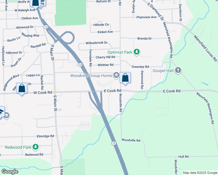 map of restaurants, bars, coffee shops, grocery stores, and more near 135 East Cook Road in Mansfield