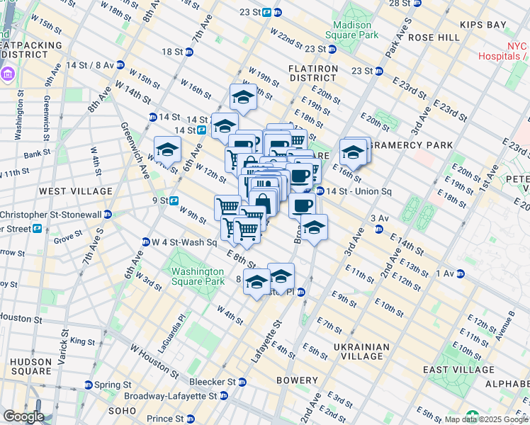 map of restaurants, bars, coffee shops, grocery stores, and more near 88 University Place in New York