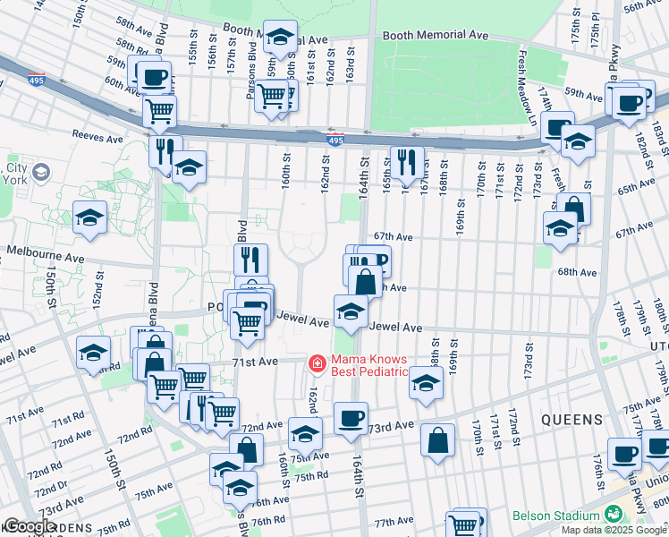 map of restaurants, bars, coffee shops, grocery stores, and more near 67-44 164th St in Queens