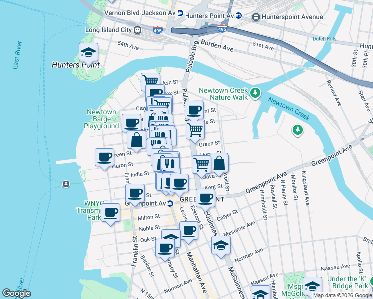 map of restaurants, bars, coffee shops, grocery stores, and more near 207 Green Street in Brooklyn