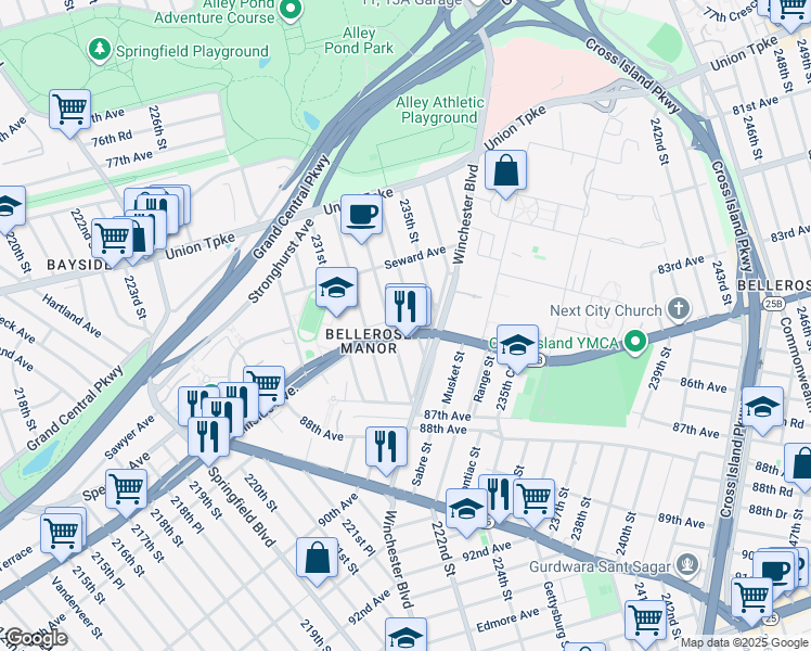 map of restaurants, bars, coffee shops, grocery stores, and more near 82-55 233rd Street in Queens