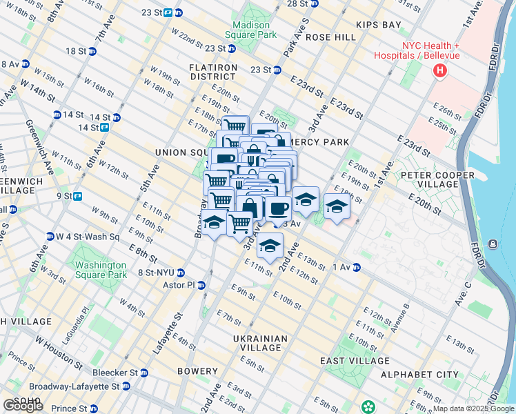 map of restaurants, bars, coffee shops, grocery stores, and more near 157 East 14th Street in New York
