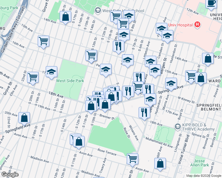 map of restaurants, bars, coffee shops, grocery stores, and more near 45 Holland Street in Newark