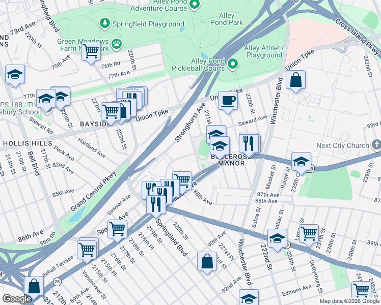map of restaurants, bars, coffee shops, grocery stores, and more near 226-37 Manor Road in Queens