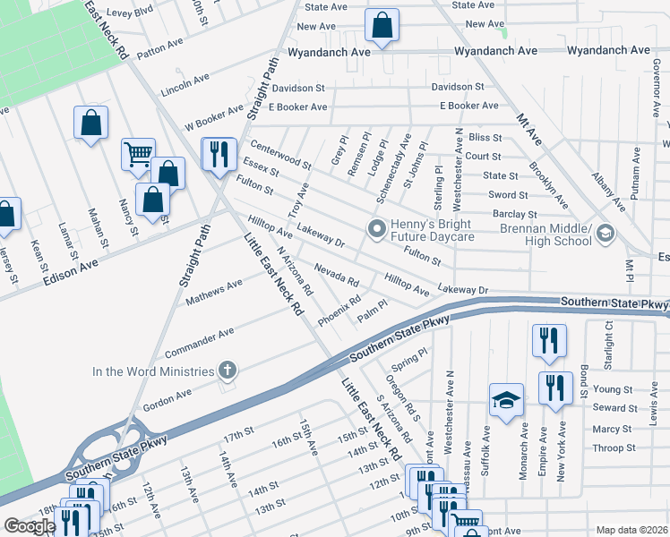 map of restaurants, bars, coffee shops, grocery stores, and more near 75 Nevada Road in West Babylon
