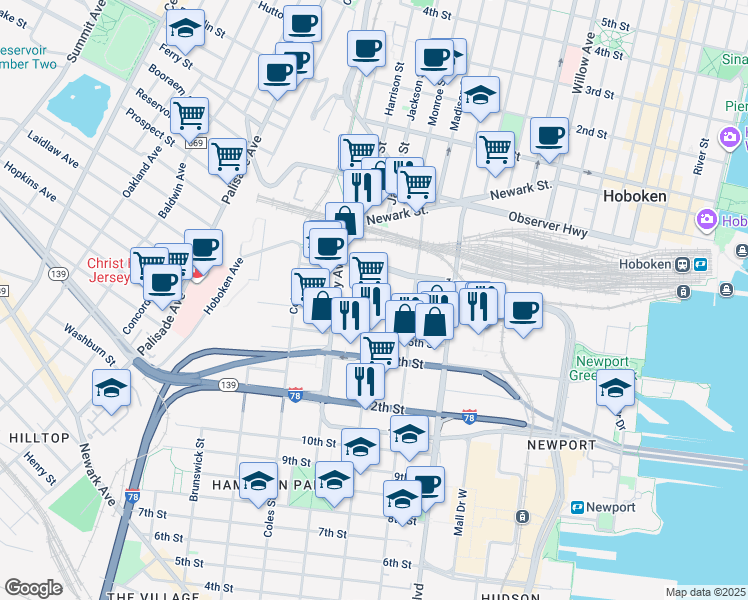 map of restaurants, bars, coffee shops, grocery stores, and more near 345 18th Street in Jersey City