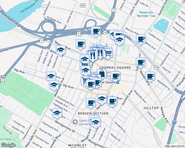 map of restaurants, bars, coffee shops, grocery stores, and more near 92 Tonnelle Avenue in Jersey City