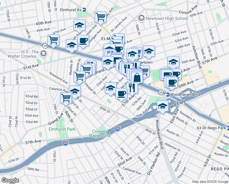 map of restaurants, bars, coffee shops, grocery stores, and more near 55-15 Van Horn Street in Queens