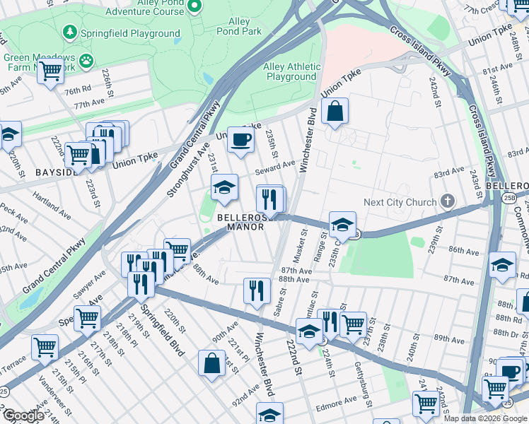 map of restaurants, bars, coffee shops, grocery stores, and more near 82-61 233rd Street in Queens