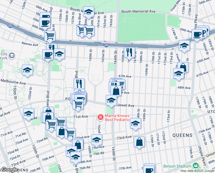 map of restaurants, bars, coffee shops, grocery stores, and more near 67-44 164th Street in Queens