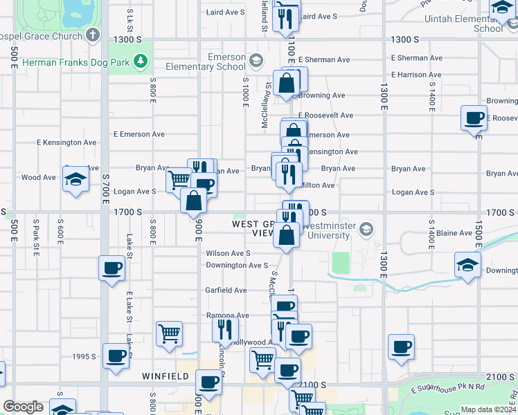 map of restaurants, bars, coffee shops, grocery stores, and more near 1019 East 1700 South in Salt Lake City