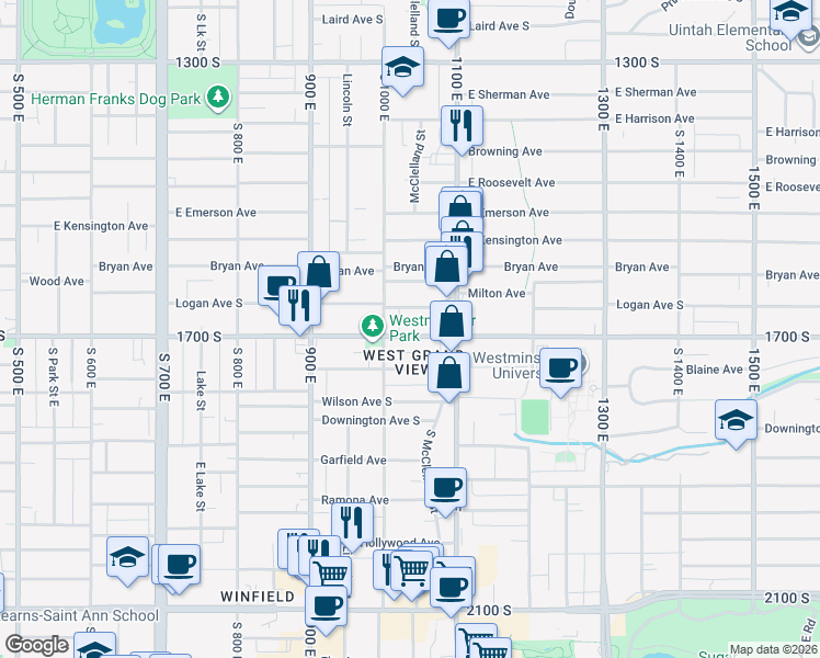 map of restaurants, bars, coffee shops, grocery stores, and more near 1035 East 1700 South in Salt Lake City