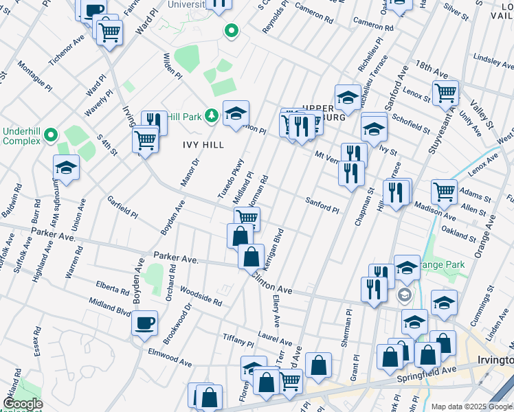 map of restaurants, bars, coffee shops, grocery stores, and more near 198 Norman Road in Newark