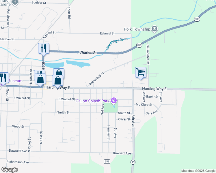 map of restaurants, bars, coffee shops, grocery stores, and more near 1222 Harding Way East in Galion
