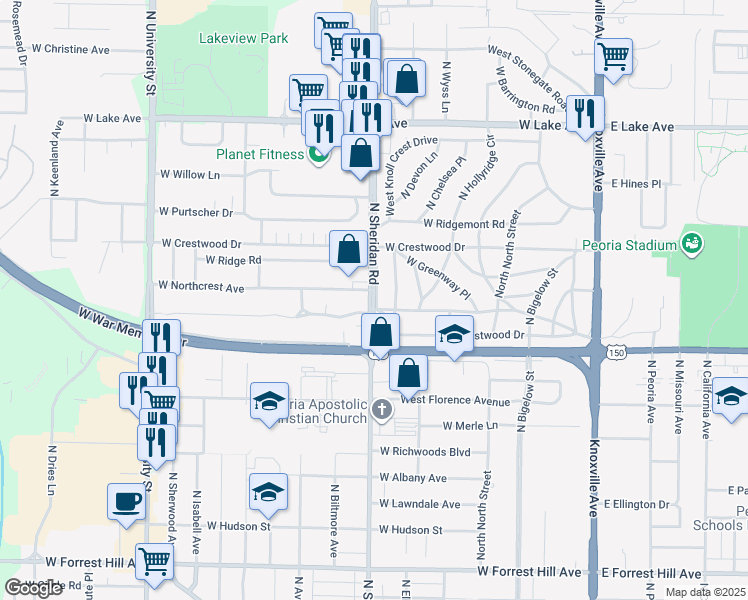 map of restaurants, bars, coffee shops, grocery stores, and more near 3808 North Sheridan Road in Peoria