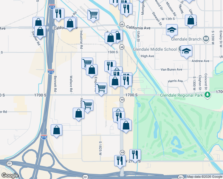 map of restaurants, bars, coffee shops, grocery stores, and more near 1750 West 1700 South in Salt Lake City