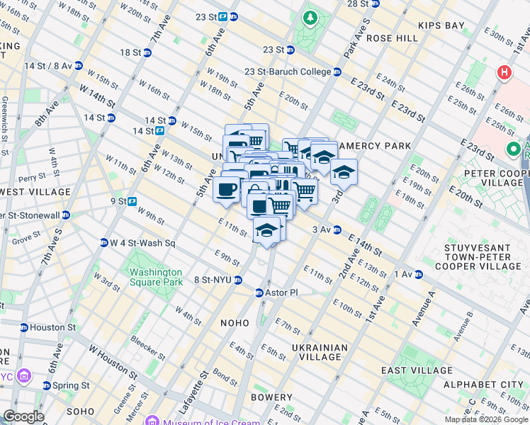 map of restaurants, bars, coffee shops, grocery stores, and more near 833 Broadway in New York