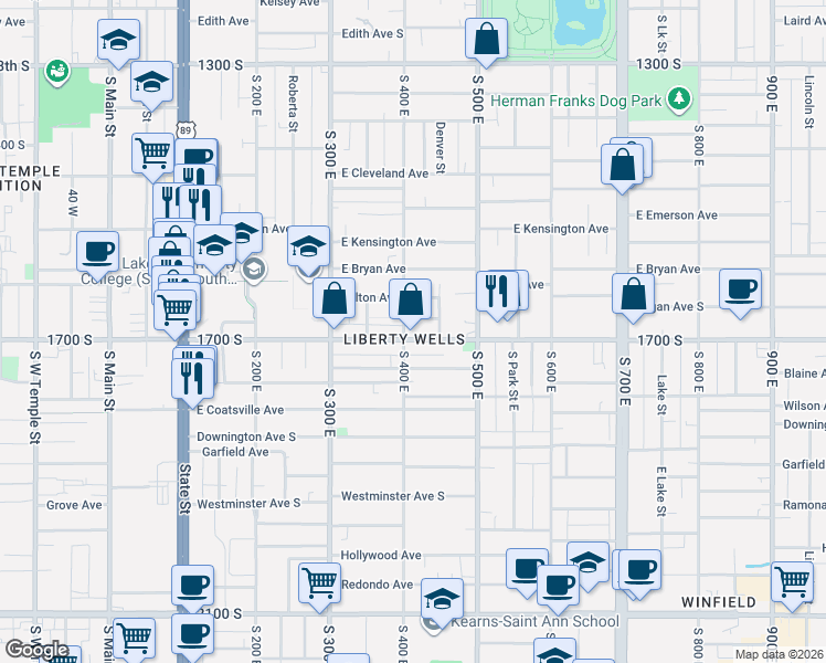 map of restaurants, bars, coffee shops, grocery stores, and more near 407 East 1700 South in Salt Lake City