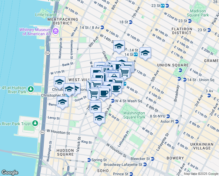 map of restaurants, bars, coffee shops, grocery stores, and more near 30 Christopher Street in New York