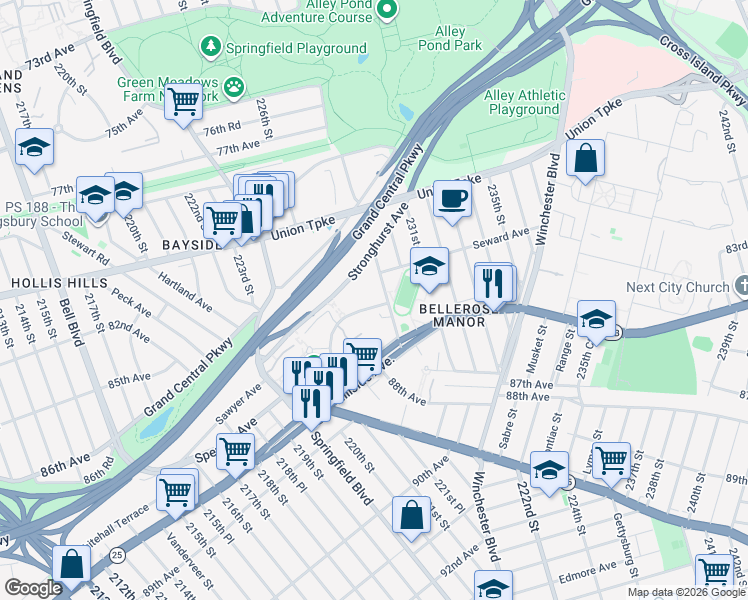 map of restaurants, bars, coffee shops, grocery stores, and more near 82-36 229th Street in Queens