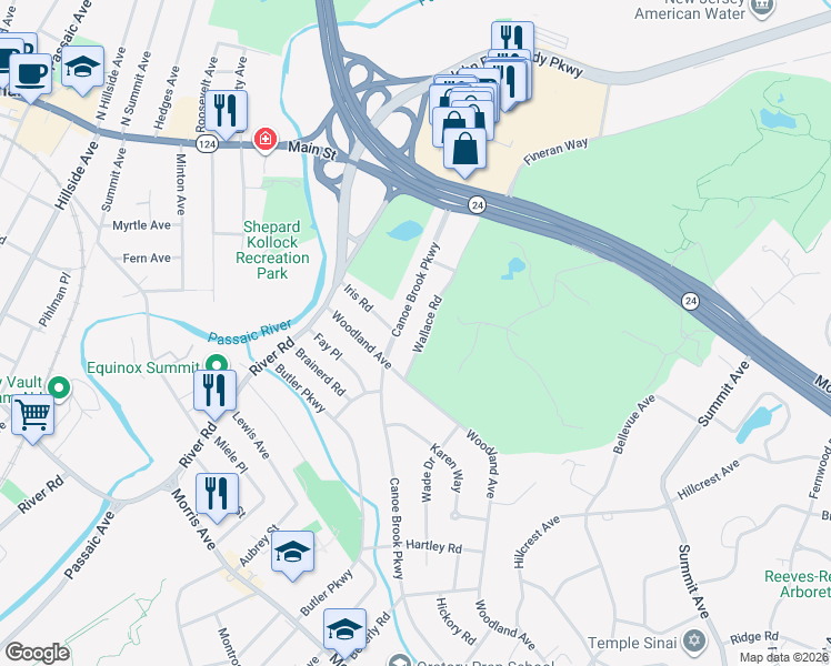 map of restaurants, bars, coffee shops, grocery stores, and more near 45 Wallace Road in Summit