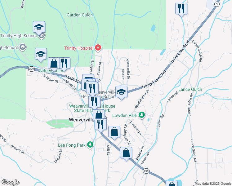 map of restaurants, bars, coffee shops, grocery stores, and more near Mulligan St in Weaverville