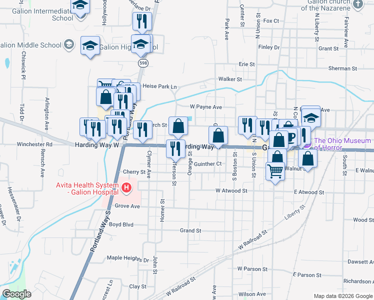 map of restaurants, bars, coffee shops, grocery stores, and more near 501 Harding Way West in Galion