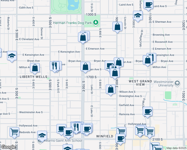 map of restaurants, bars, coffee shops, grocery stores, and more near 755 East 1700 South in Salt Lake City