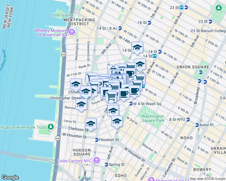 map of restaurants, bars, coffee shops, grocery stores, and more near 75 Christopher Street in New York
