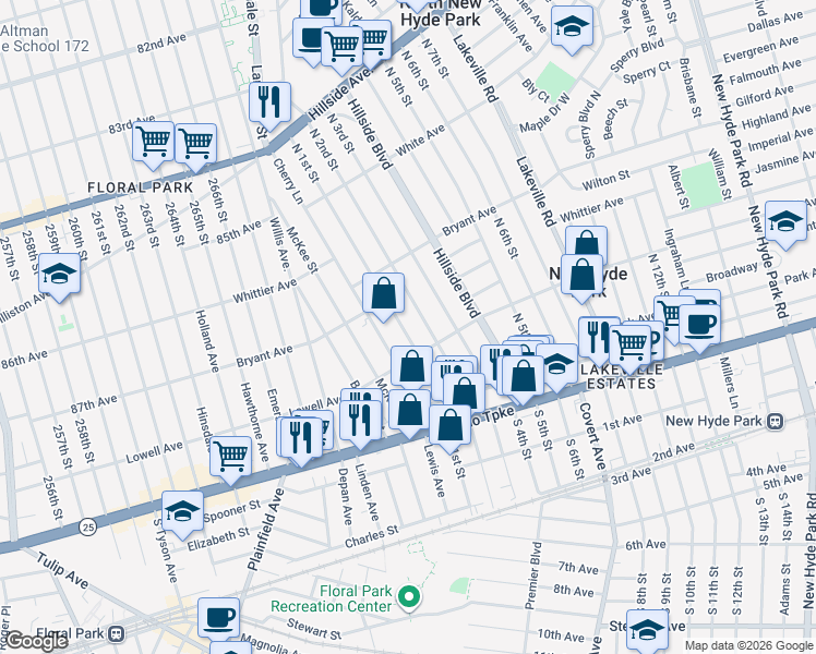 map of restaurants, bars, coffee shops, grocery stores, and more near 520 North 1st Street in New Hyde Park