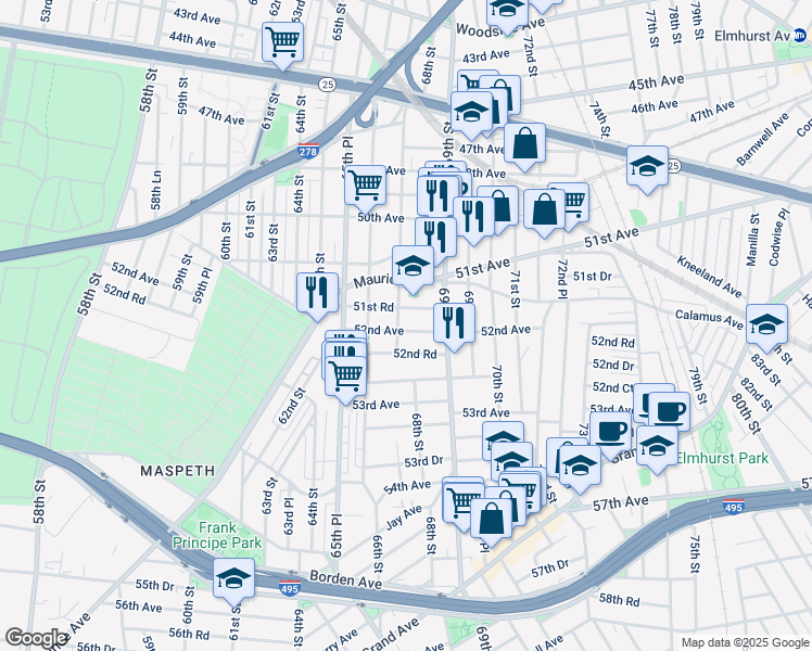 map of restaurants, bars, coffee shops, grocery stores, and more near 67-08 51st Road in Queens