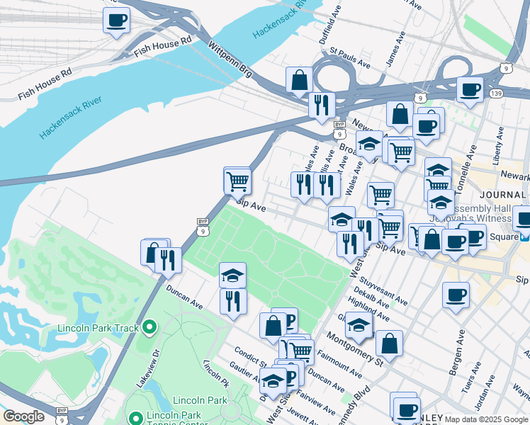 map of restaurants, bars, coffee shops, grocery stores, and more near 352 Freeman Avenue in Jersey City
