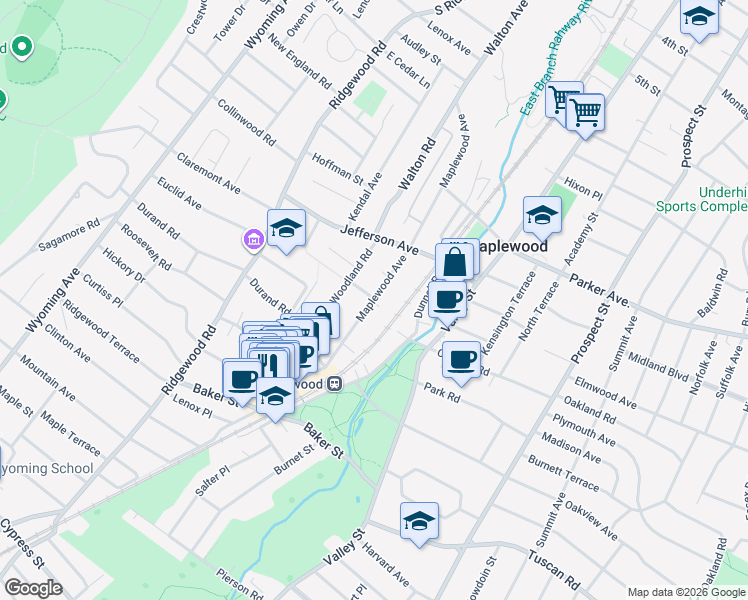 map of restaurants, bars, coffee shops, grocery stores, and more near 106 Maplewood Avenue in Maplewood