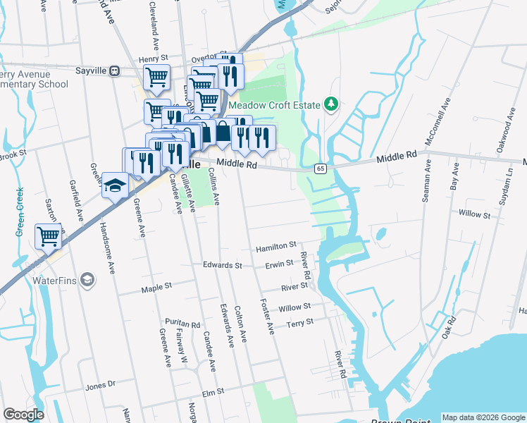 map of restaurants, bars, coffee shops, grocery stores, and more near 28 Pine Street in Sayville