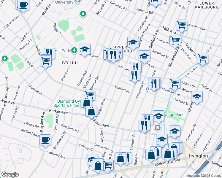 map of restaurants, bars, coffee shops, grocery stores, and more near 62 Sanford Place in Newark