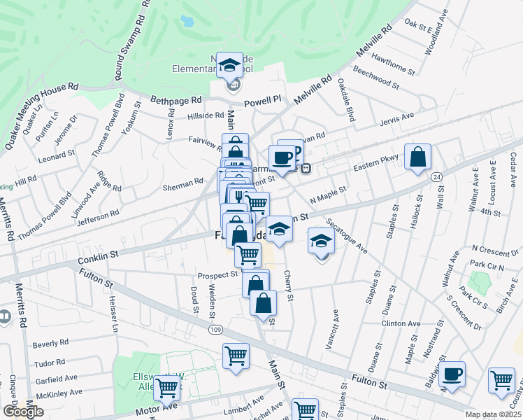 map of restaurants, bars, coffee shops, grocery stores, and more near 16 Cornelia Street in Farmingdale