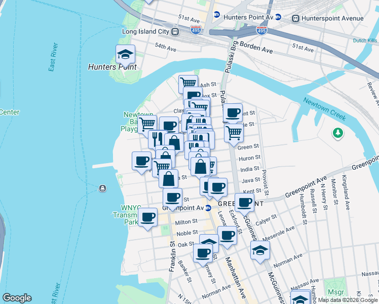 map of restaurants, bars, coffee shops, grocery stores, and more near 145 Green Street in Brooklyn