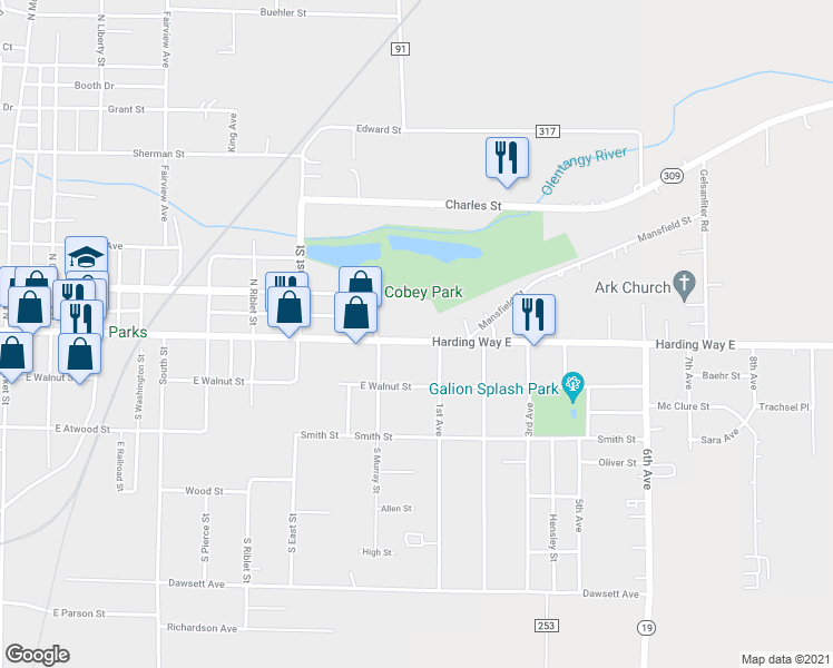 map of restaurants, bars, coffee shops, grocery stores, and more near 948 Harding Way East in Galion