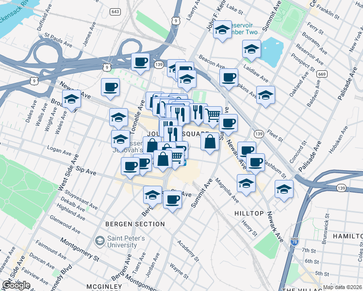 map of restaurants, bars, coffee shops, grocery stores, and more near Van Reipen Avenue in Jersey City