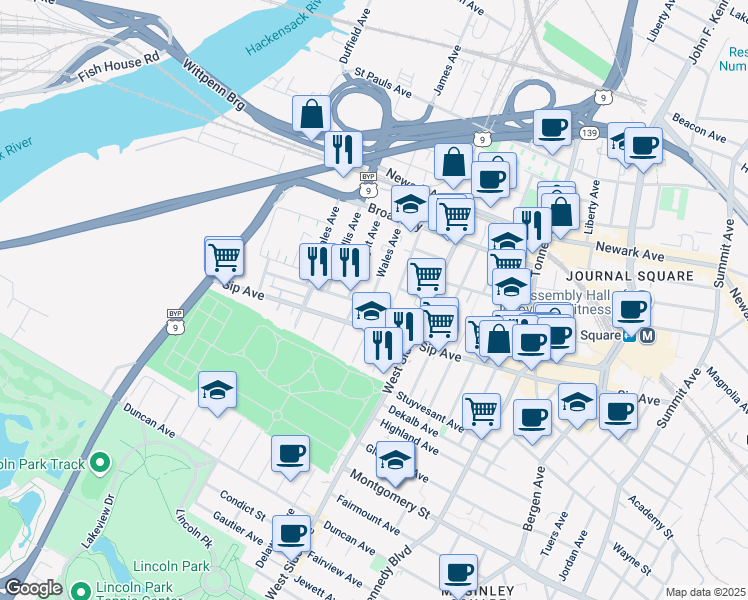 map of restaurants, bars, coffee shops, grocery stores, and more near 9 Wales Avenue in Jersey City