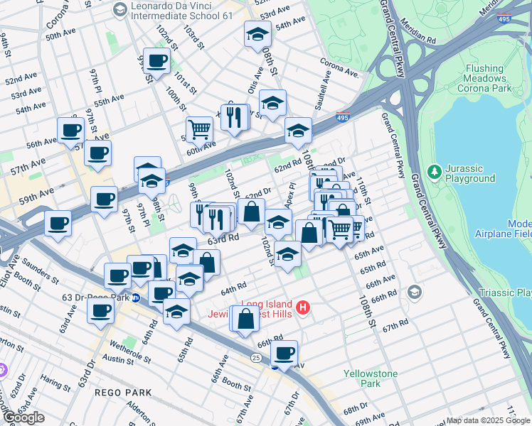 map of restaurants, bars, coffee shops, grocery stores, and more near 102-30 63rd Avenue in Queens