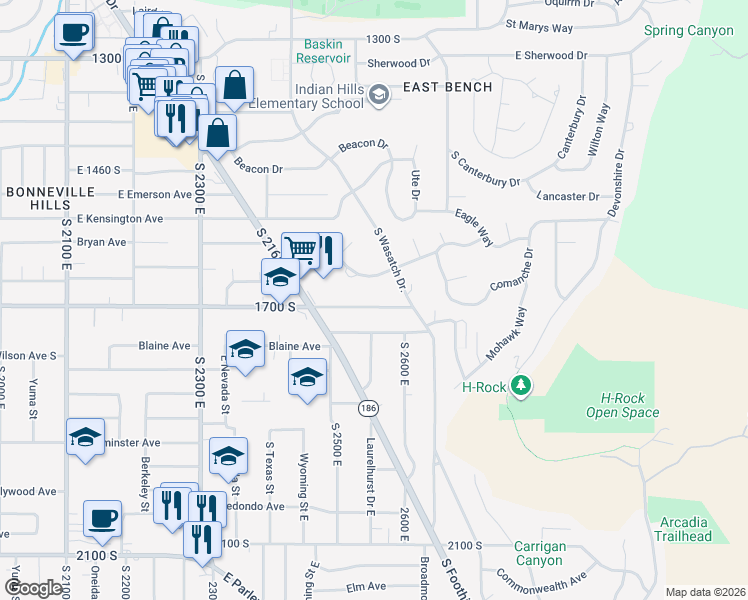 map of restaurants, bars, coffee shops, grocery stores, and more near 2549 East 1700 South in Salt Lake City