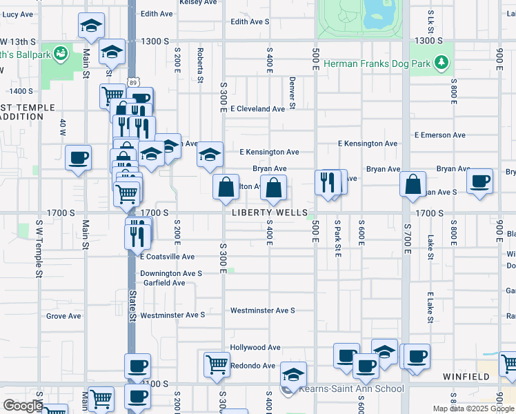 map of restaurants, bars, coffee shops, grocery stores, and more near 1627 Blair Street in Salt Lake City